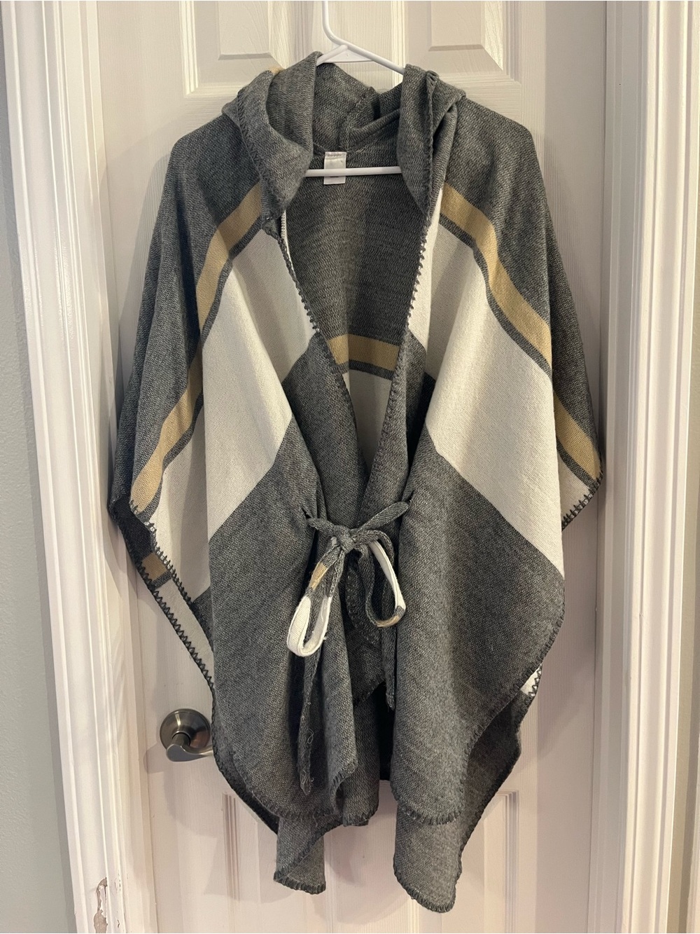 Hooded Gray Knit Poncho with Cream and Tan Stripes